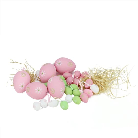 Gordon 32013884 3.25 in. Pastel Pink, Green & White Painted Floral Spring Easter Egg Ornaments, Set of 29